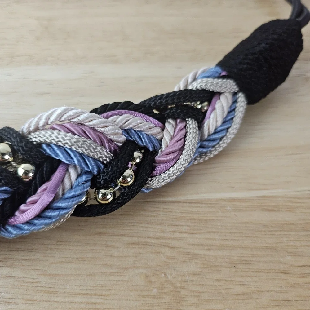 Vintage 1980's Braided Rope Cord Brass Buckle Belt Statement Purple Black Boho‎